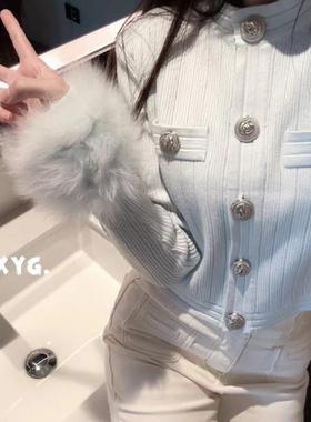 LXYG秋冬新款巴家小香风气质轻奢真狐狸毛皮草针织开衫外套毛衣女