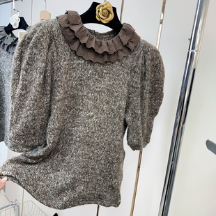 U.YU有鱼2024秋蕾丝花边娃娃脸泡泡袖中袖毛衣设计感针织衫上衣女