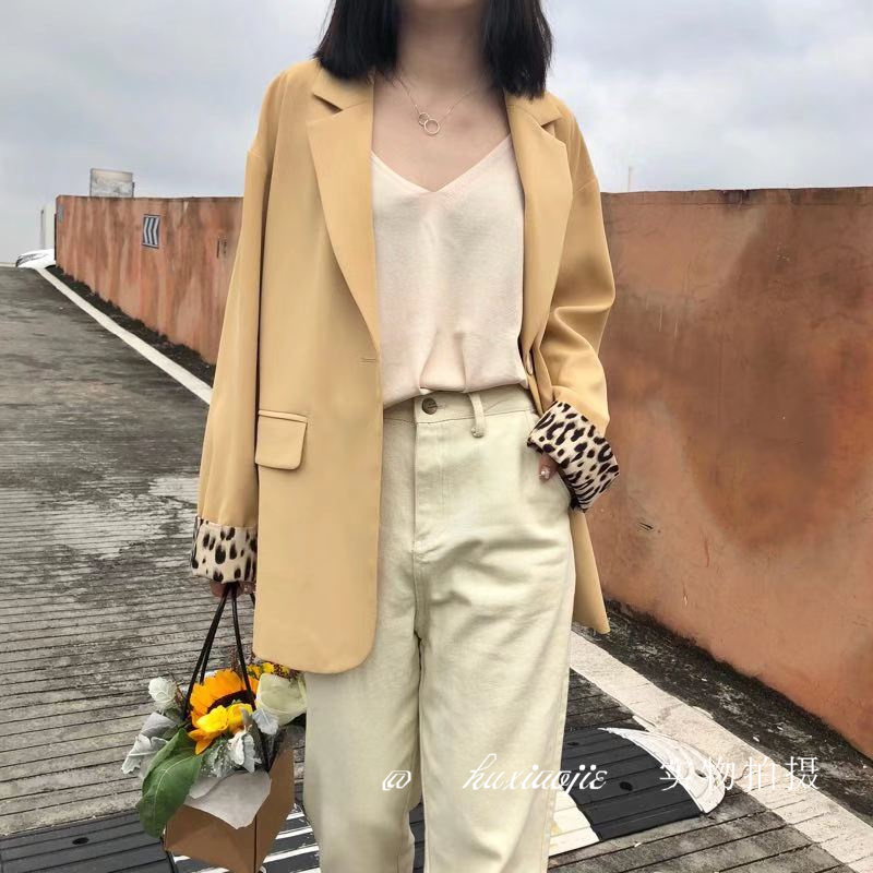 外套宽松撞色豹纹chic风休闲西服