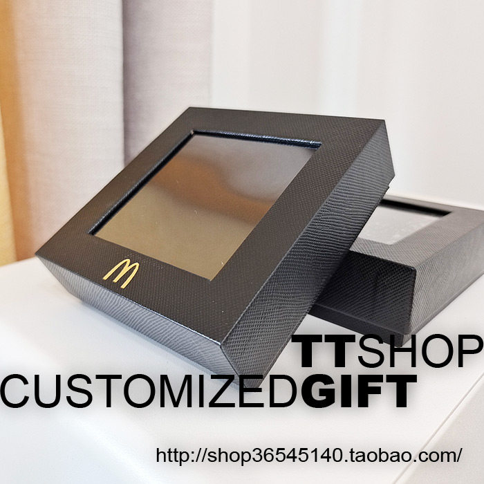 麦当劳黑色特种纸礼品纸盒-天地盖透明窗-徽章收藏收纳-10*10*3cm