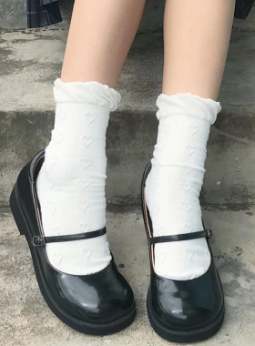 泡泡口女士中筒袜精梳棉舒适爱心提花洛丽塔袜子学生JK袜奶白黑色