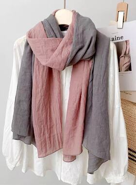 冬季百搭全棉围巾长款薄款文艺纯色褶皱围脖披肩棉麻亚麻纱巾丝巾