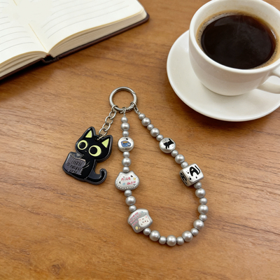 DIY哑银手机链小黑猫挂件