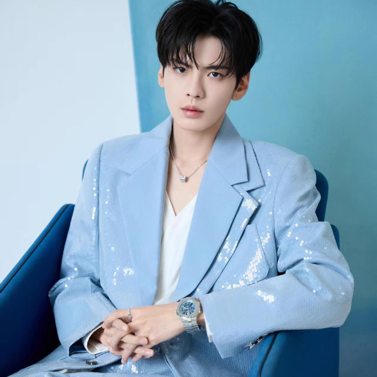 毕雯珺明星同款【一抹蓝色】男士珠片设计蓝西服商务休闲西装潮牌