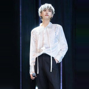 刘彰明星同款白色绸缎衬衫男女褶皱拼接氛围感烫钻点缀飘带衬衫潮