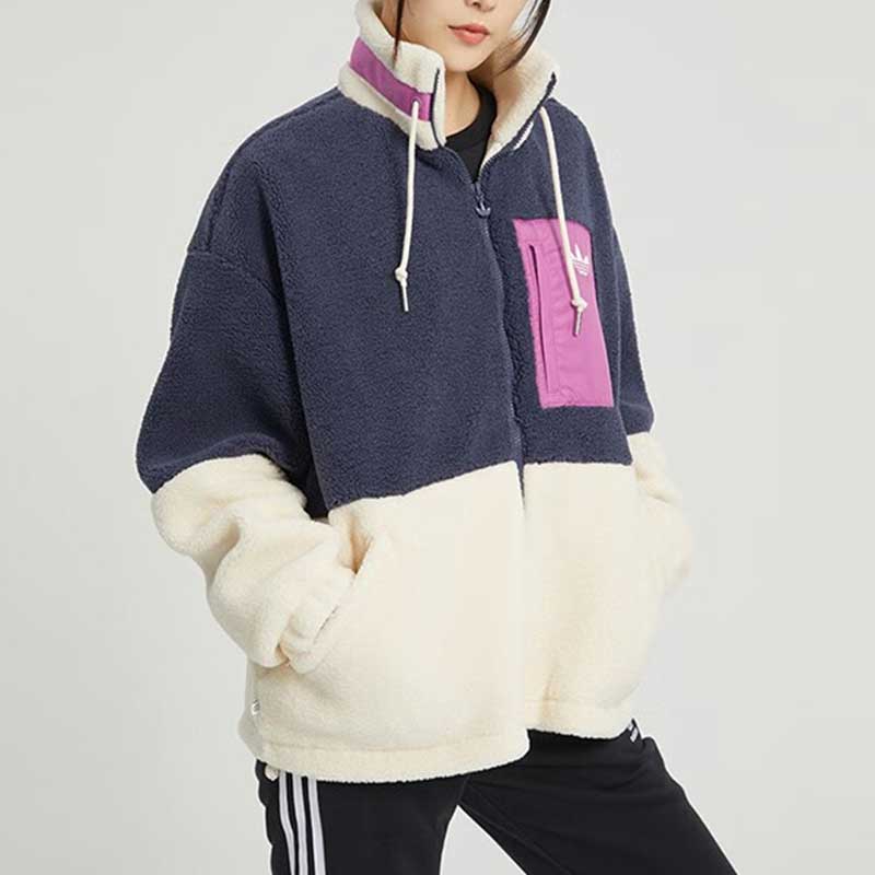 adidas阿迪达斯三叶草女子冬羊羔绒保暖拼接立领外套夹克HR3455-封面