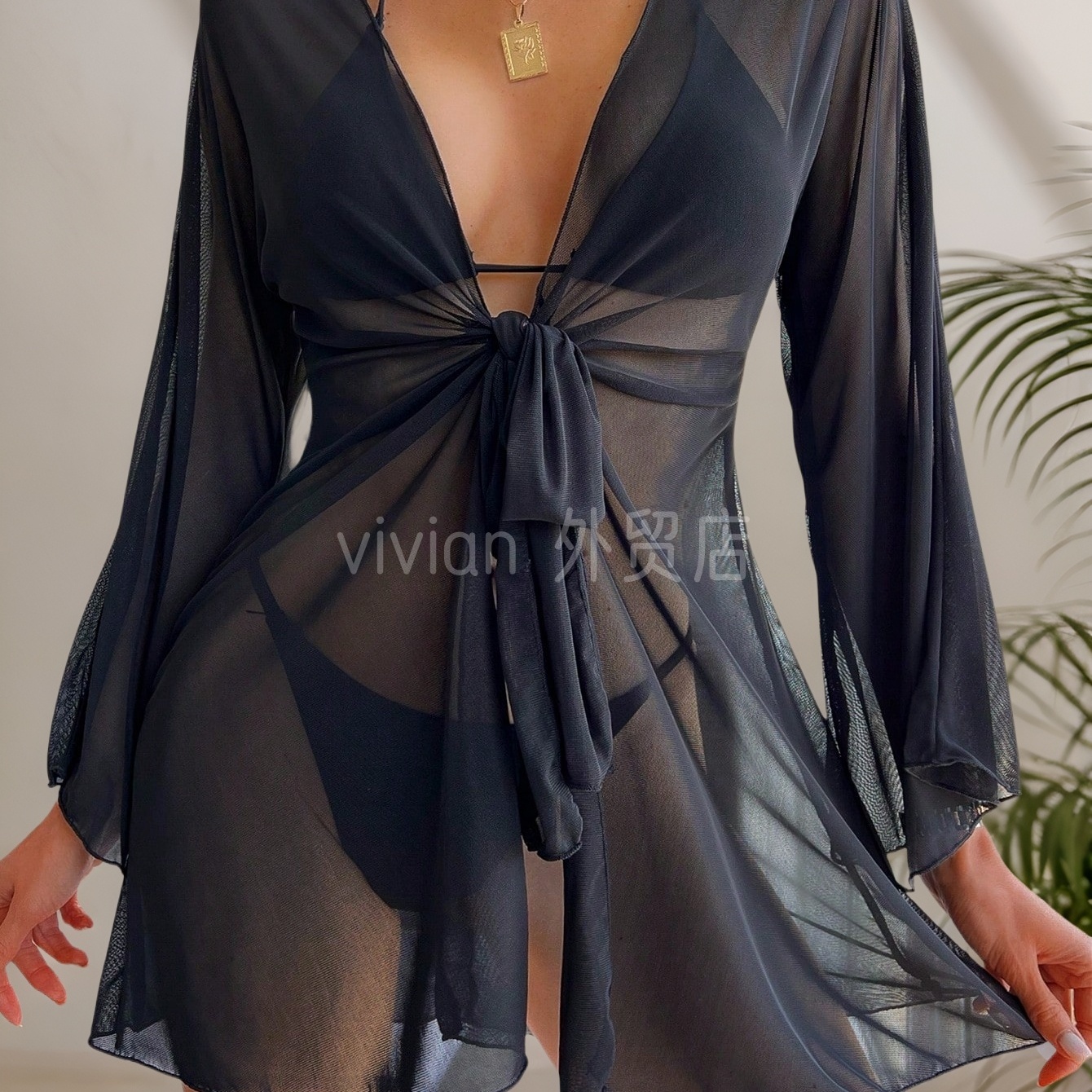 vivian外贸欧美比基尼罩衫雪纺性感透视沙滩泳装外搭罩衫泳衣遮挡