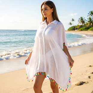 泳衣罩衫 外搭沙滩裙防嗮开衫 白色宽松性感透视度假比基尼罩衫 夏季