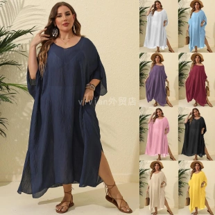 沙滩度假开叉拖地长裙比基尼罩衫 泳衣罩衫 纯色宽松罩衫 女装 美大码