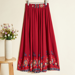 波西米亚修身 夏 半身裙刺绣高品质女裙子海外购国风大摆A字裙长裙