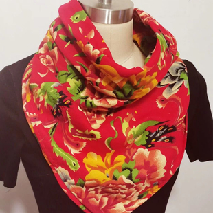 东北大花布方巾棉麻印跳广场舞围巾演出红领巾民族风大方巾四季款