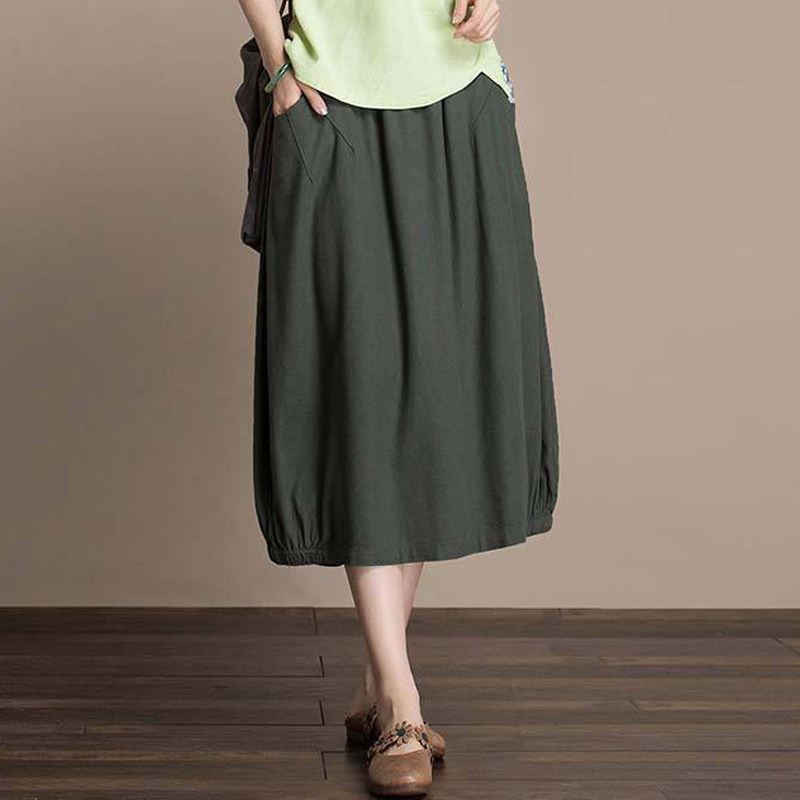 过膝灯笼花苞裙棉麻高腰a字长裙春夏女百搭中长款显瘦口袋半身裙