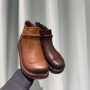 外贸头层牛皮牛筋底加绒保暖高帮女棉靴冬季 防寒户外手工缝制女靴