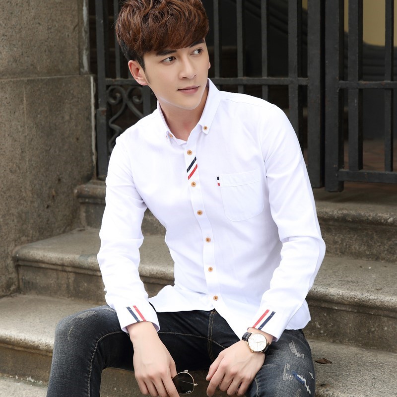 2025夏季纯色长袖衬衫男韩版商务秋薄休闲青少年白色学生棉衬衣