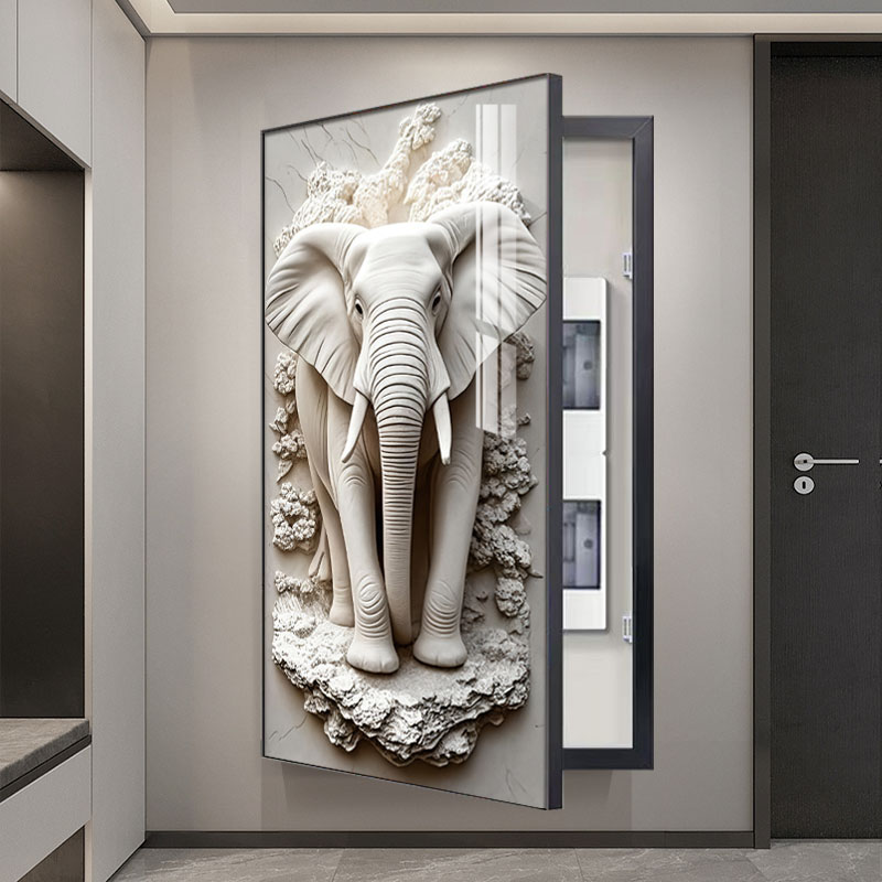 消防栓装饰遮挡挂画浮雕立体感大象大尺寸电表箱装饰画竖版可定制图片