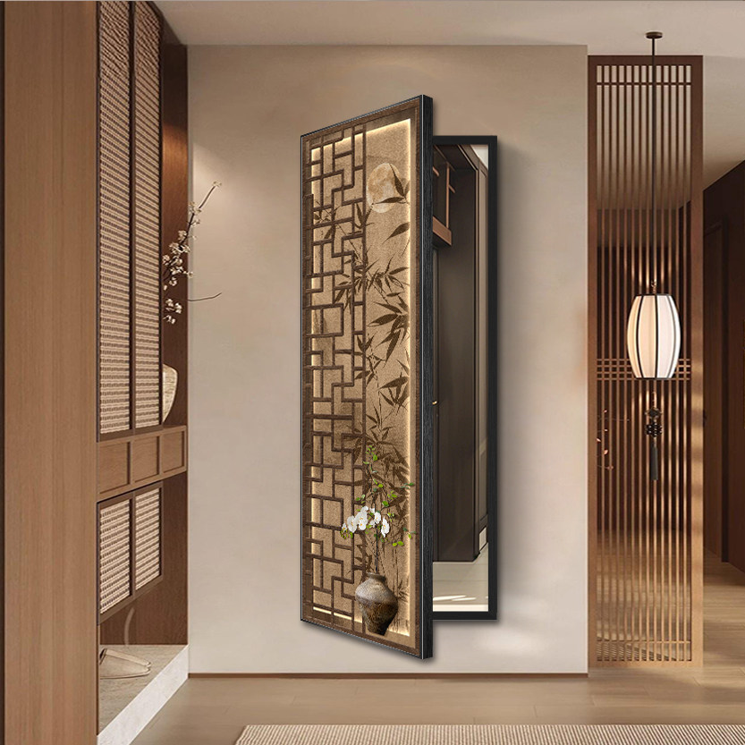 宋代美学隐藏式推拉全身镜装饰画新中式竹子翻开隐形试衣镜挂画