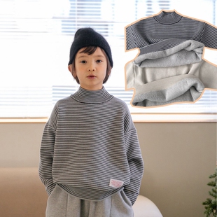 儿童毛衣韩国童装冬款男童女童小半高领加绒条纹针织卫衣加厚上衣