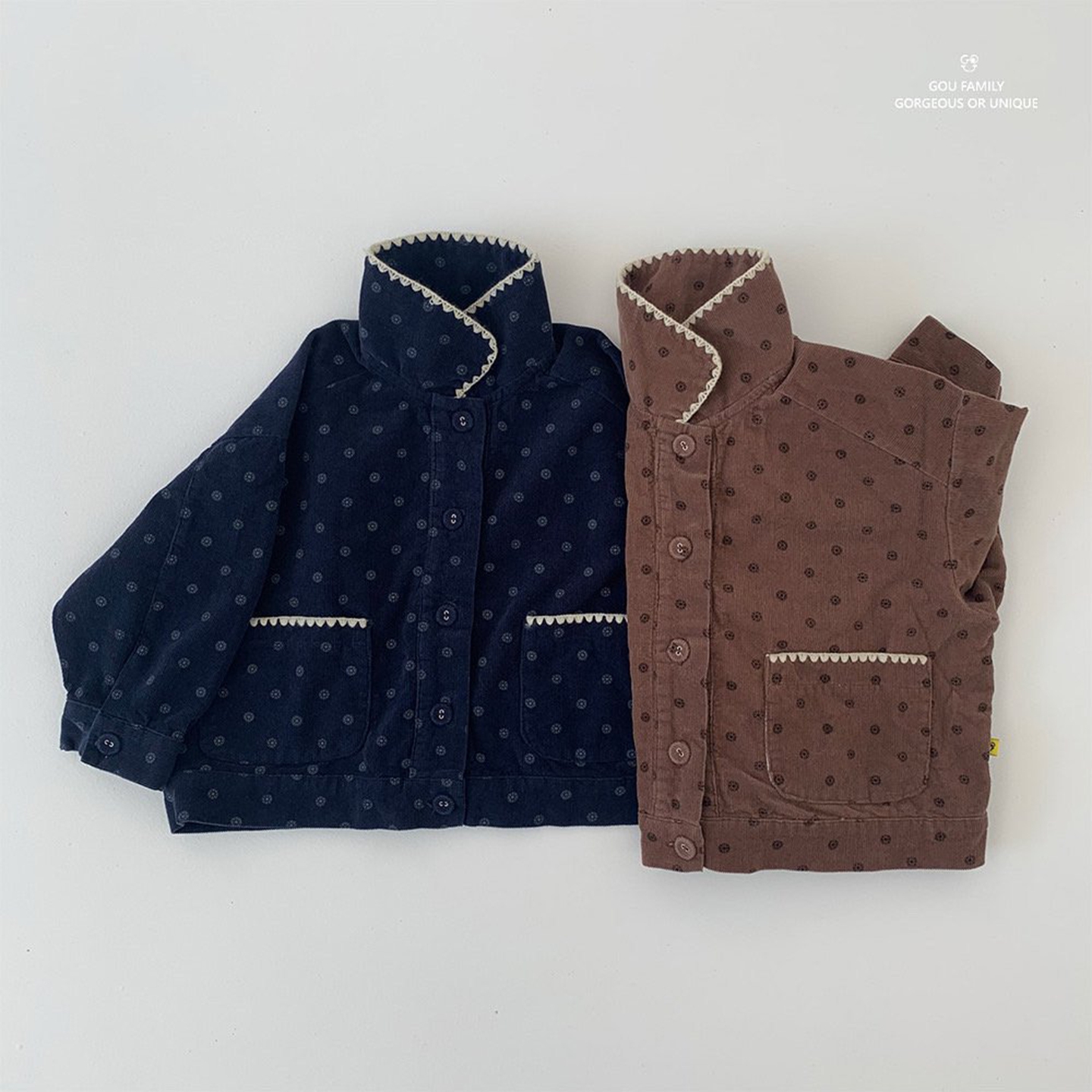 现货GOU韩国童装25秋季洋气女童复古提花波点休闲宽松灯芯绒外套