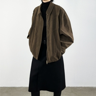 尢系UXI中性风百搭麂皮绒翻领夹克女秋冬短款设计感廓形毛呢外套