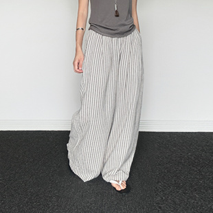 女 直筒阔腿裤 尢系UXI 日系条纹亚麻简约宽松显瘦松紧腰设计休闲裤