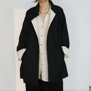 外套 西装 尢系UXI 2026早春日系复古亚麻利落剪裁立领撞色翻边开衫