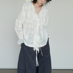喇叭长袖 女薄款 衬衣 staycation风白色荷叶边领口衬衫 尢系UXI
