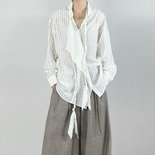 饰宽松休闲衬衫 尢系UXI 2025早秋复古竖条纹立领设计腰带编织装