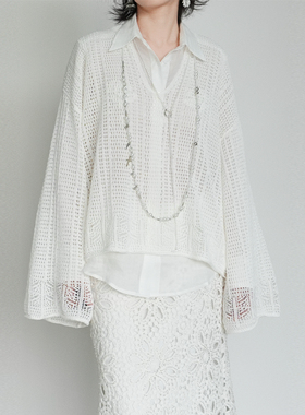 尢系UXI  26春季慵懒宽松镂空v领长袖白色针织衫罩衫