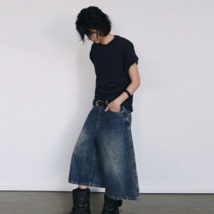 女宽松休闲阔腿七分裤 尢系UXI 2026早春复古水洗做旧牛仔短裤