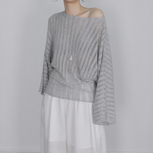 尢系UXI镂空针织肌理感罩衫 女宽松上衣 收腰显瘦一字肩斜肩长袖