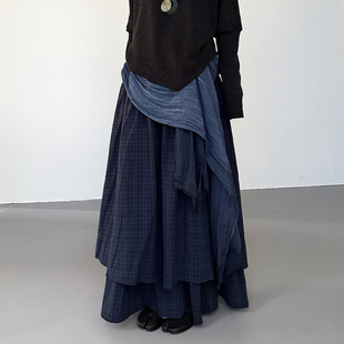 尢系UXI 日韩复古雾蓝格纹拼接女秋冬休闲显瘦高腰中长裙A字长裙
