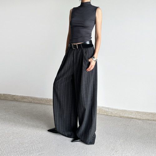 尢系UXI 2025早秋韩系大女主气质款设计感宽松百搭条纹阔腿休闲裤