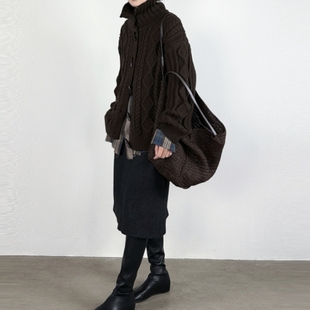 尢系UXI复古秋冬高领麻花纹针织开衫 女宽松羊毛毛衣纽扣针织外套