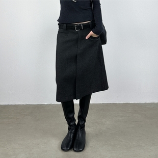 尢系UXI通勤高腰毛呢半身裙中长款 百搭直筒裙百褶裙配皮带包臀裙