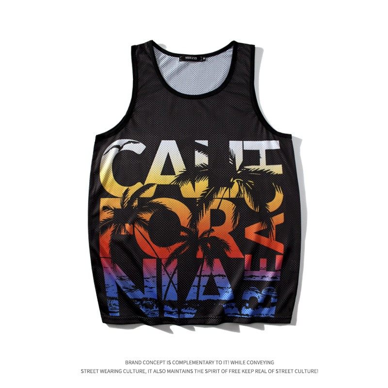 夏威夷夏季新款印花网背心沙滩旅游度假风潮牌无袖T恤男休闲宽松