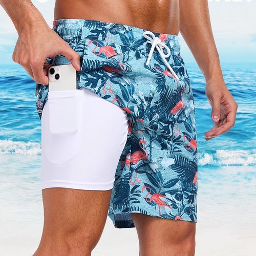 潮牌ins双层印花游泳裤沙滩裤男速干内衬防尴尬弹力短裤海边度假