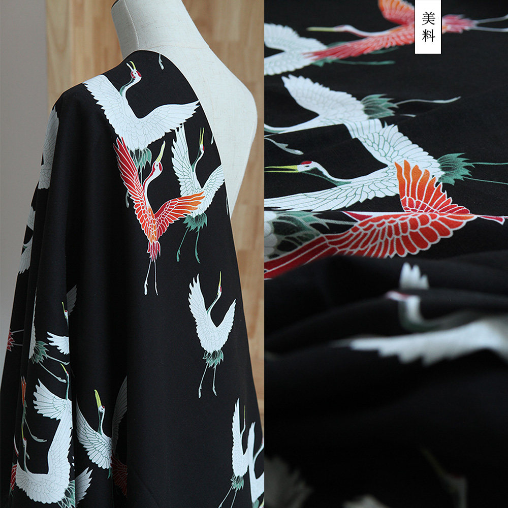 仙鹤印花亚麻布 汉服布料diy大袖衫 高档服装旗袍做和服面料