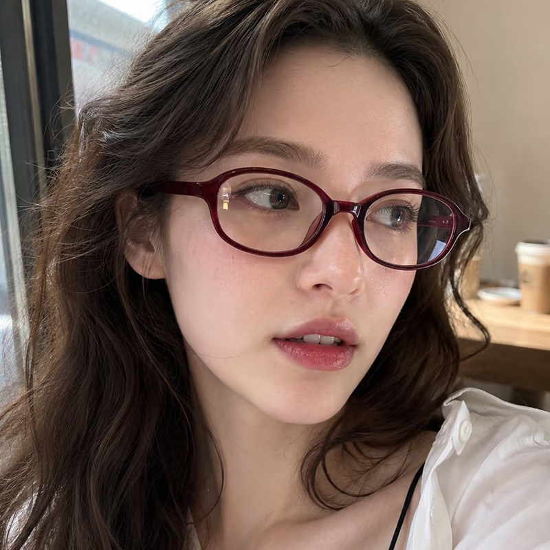 书呆子眼镜女小脸防蓝光平光镜椭圆复古玳瑁猫眼镜框红色超轻显白