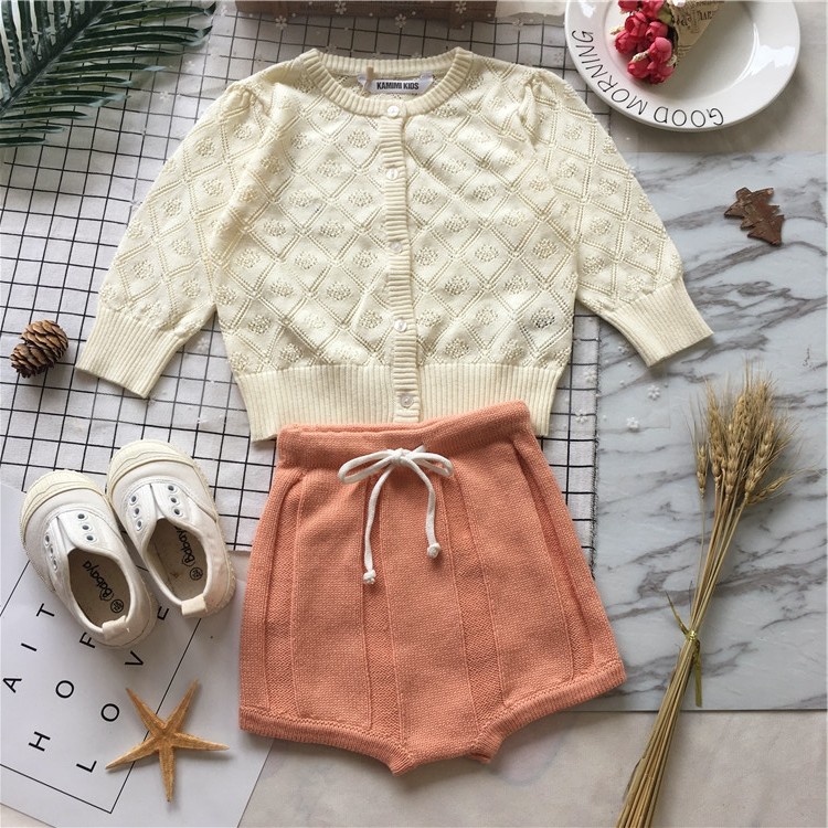 天使家 春秋装新款女宝宝中小童装韩版挑孔针织米色开衫毛衣外套