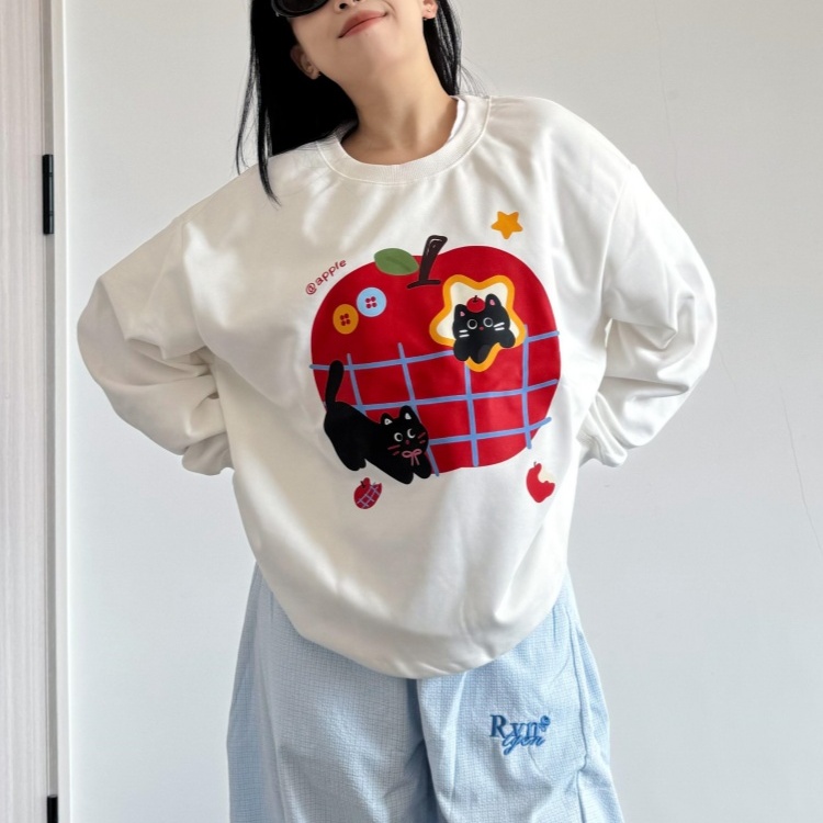【现货】白色苹果印花无帽卫衣女2025秋季新款纯棉宽松慵懒风上衣