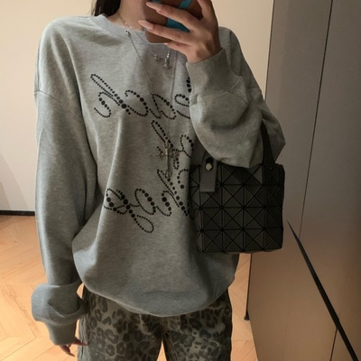 【现货】灰色涂鸦印花圆领卫衣女2025秋季新款慵懒风美式纯棉上衣