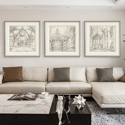 现代美式客厅装饰画餐厅沙发背景墙轻奢挂画简美素描欧式建筑壁画
