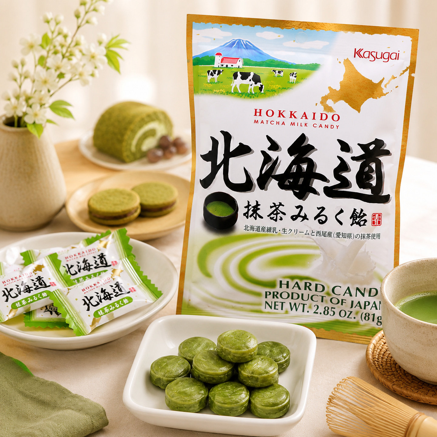 日本进口春日井北海道抹茶牛奶糖硬糖81g袋装下午茶休闲零食甜点