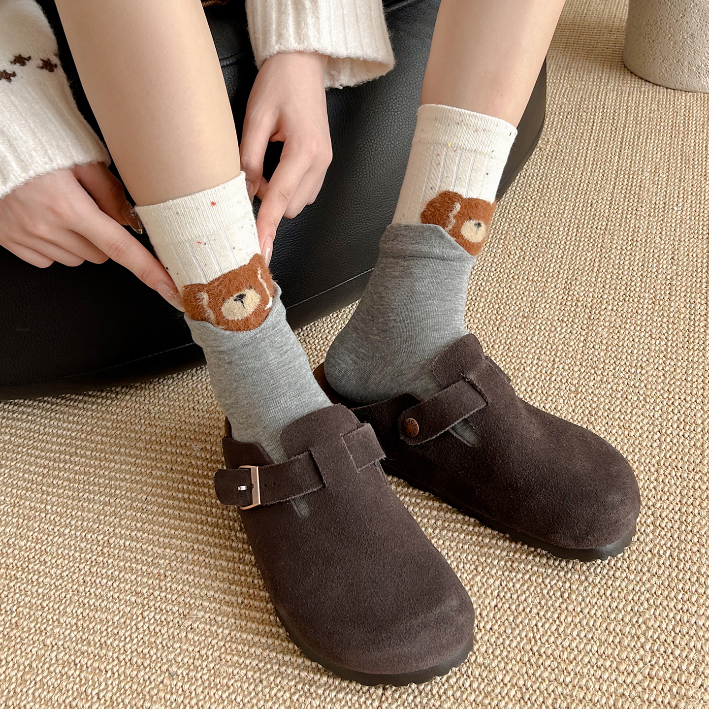 袜子女秋冬款植绒动物中筒双罗口