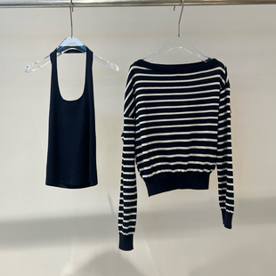 店艾诺丝2026春季新款宽松条纹针织衫女一字领套头两件套BR801201