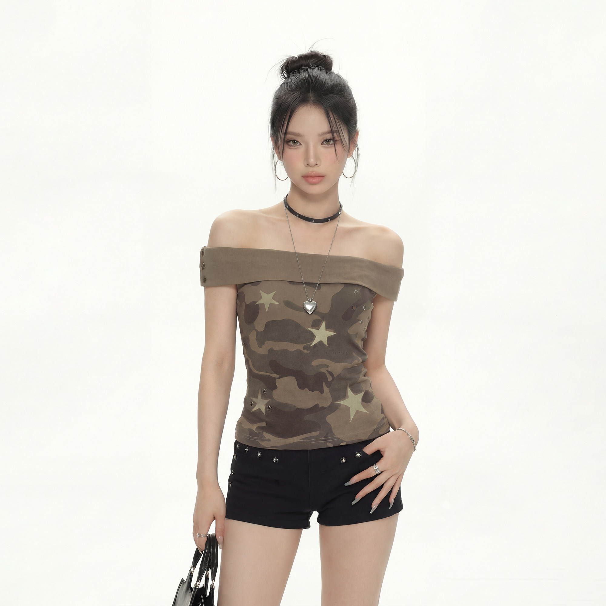 CTB啤酒队长夏季新款美式复古辣妹一字肩星星迷彩露肩短款短袖女