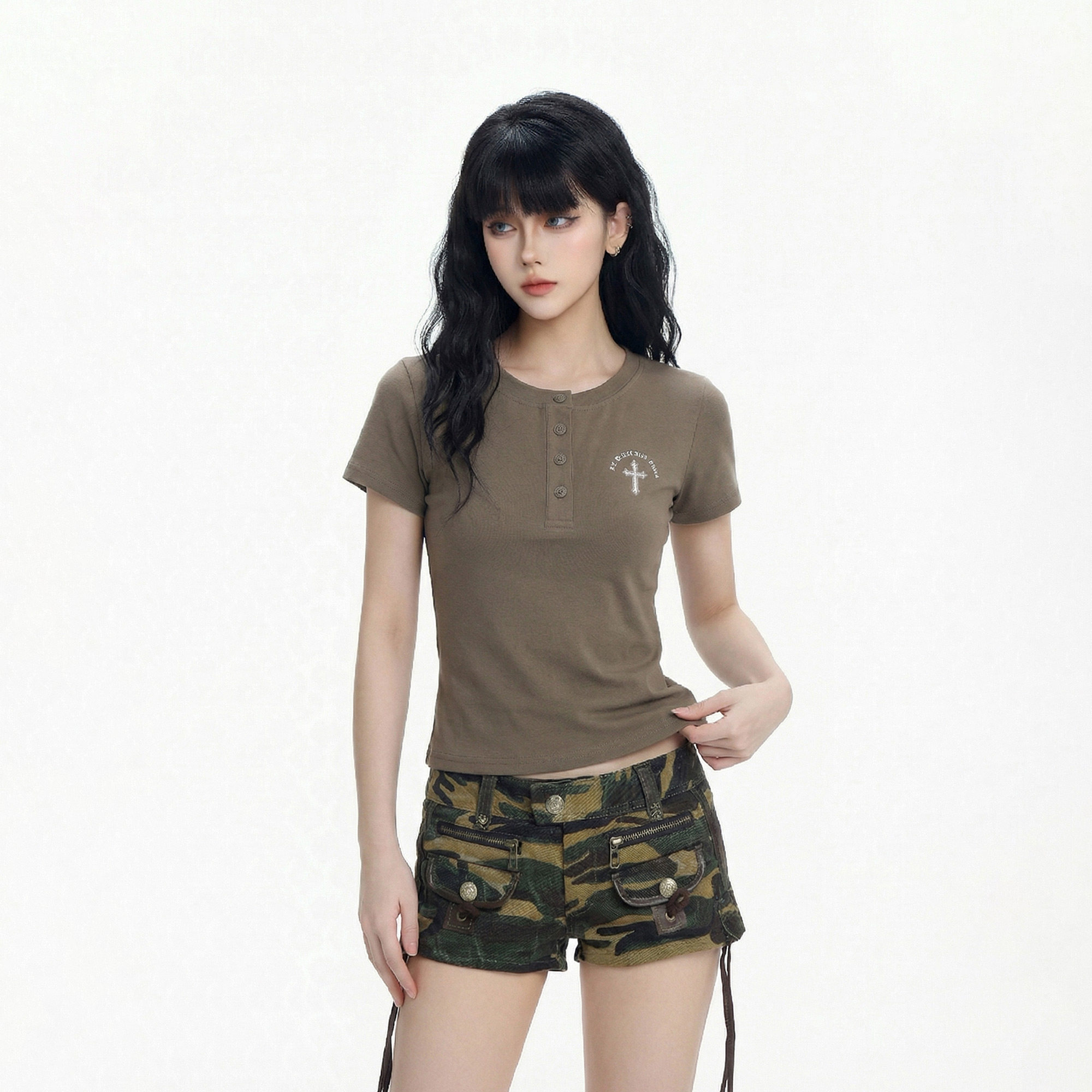 CTB啤酒队长夏季新款美式辣妹十字架印花亨利领正肩修身短袖T恤女