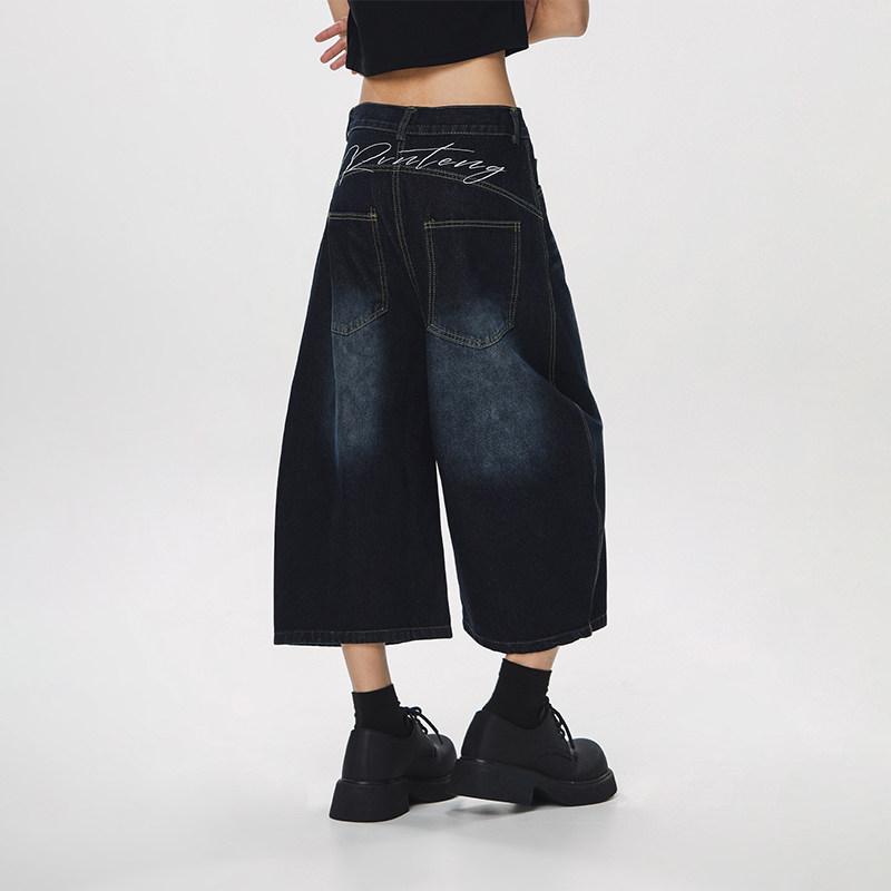 CTB啤酒队长 美式水洗牛仔七分裤男女夏独特漂亮裤子宽松阔腿短裤