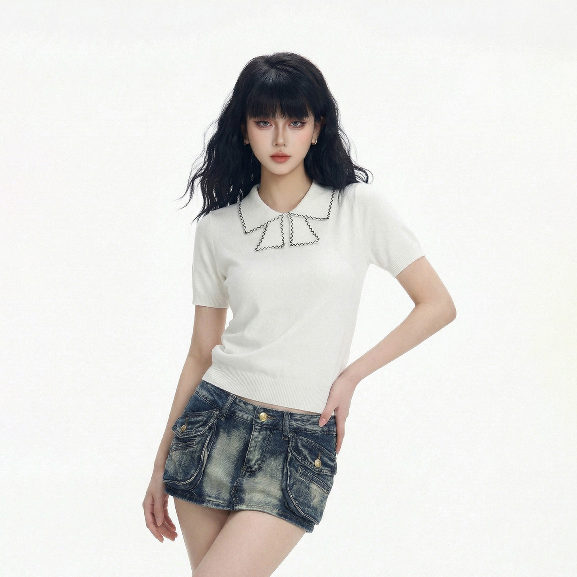 CTB啤酒队长蝴蝶结短袖针织衫女韩系学院风修身显瘦甜妹短款上衣