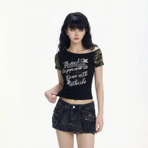 CTB啤酒队长美式复古辣妹风迷彩拼接印花斜肩修身短袖T恤女短上衣